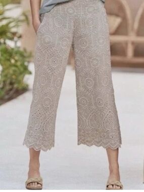 Sundance linen blend eyelet wide leg crop culotte pull-on pants